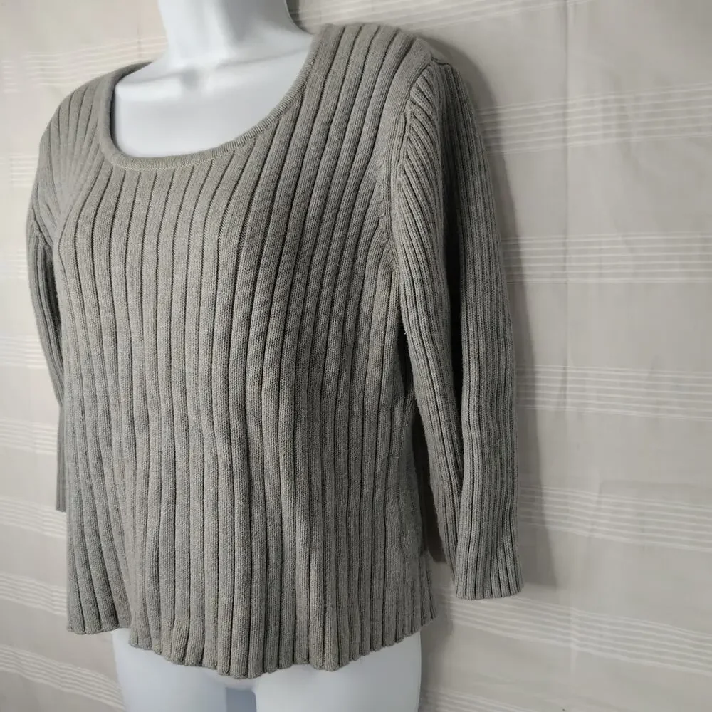 J. Jill Pull Over Ribbed Sweater 3/4 Sleeve Gray Women's Size Large‎ 100% Cotton